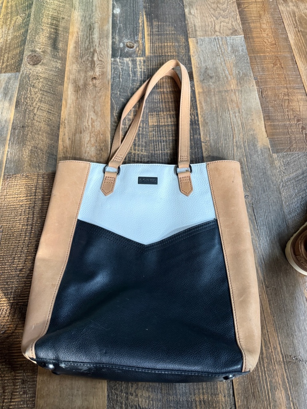 Sorel Colorblock Leather Tote - Black, White & Tan